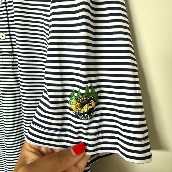 RLX RALPH LAUREN Mens Polo Shirt L Navy Striped Camp Embroidery Golfing Active - Picture 4 of 6